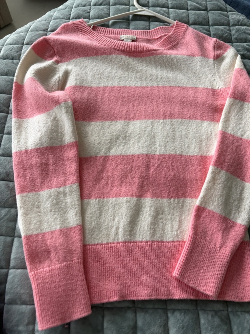 J. Crew Pink and White Striped Crewneck Sweater